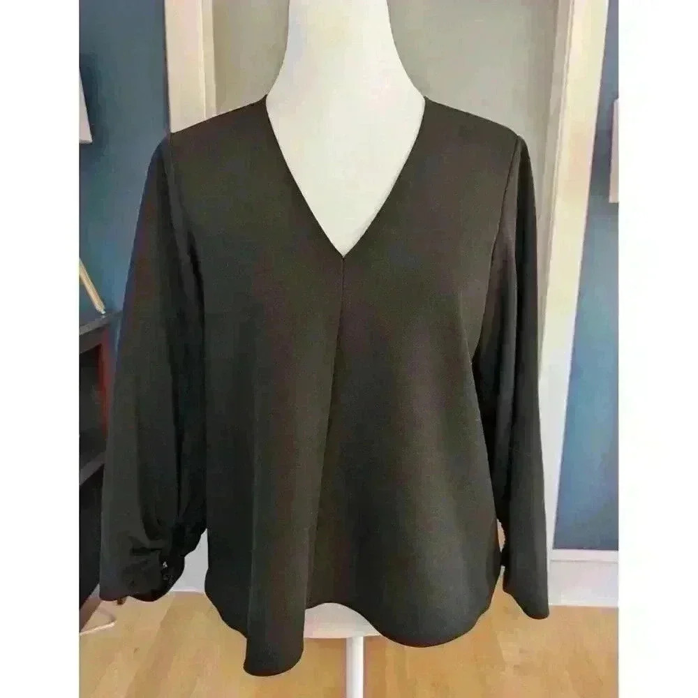 Tibi Black Shirred Sleeves A-Line V-Neck Top Size 2 - Picture 2 of 6